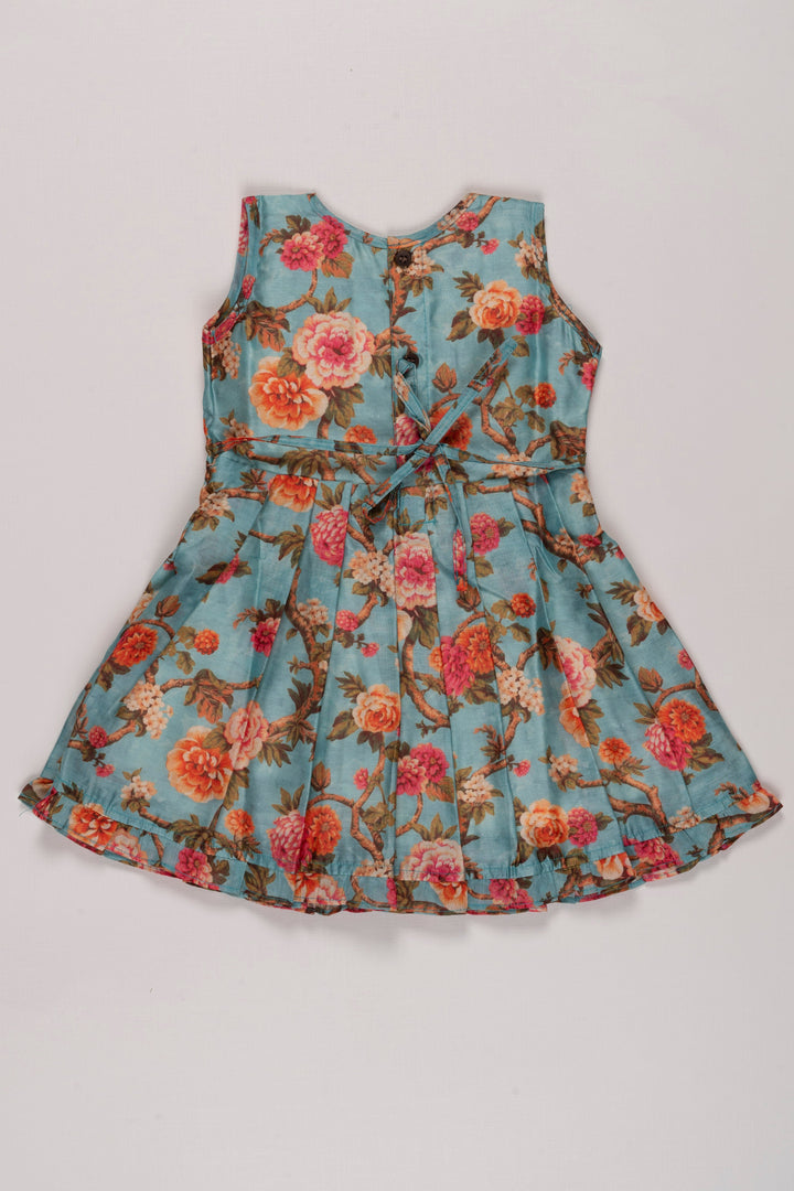 The Nesavu Girls Cotton Frock Enchanted Garden Teal Cotton Frock for Girls Nesavu Teal Floral Cotton Dress for Girls | Perfect Spring-Summer Outfit | The Nesavu