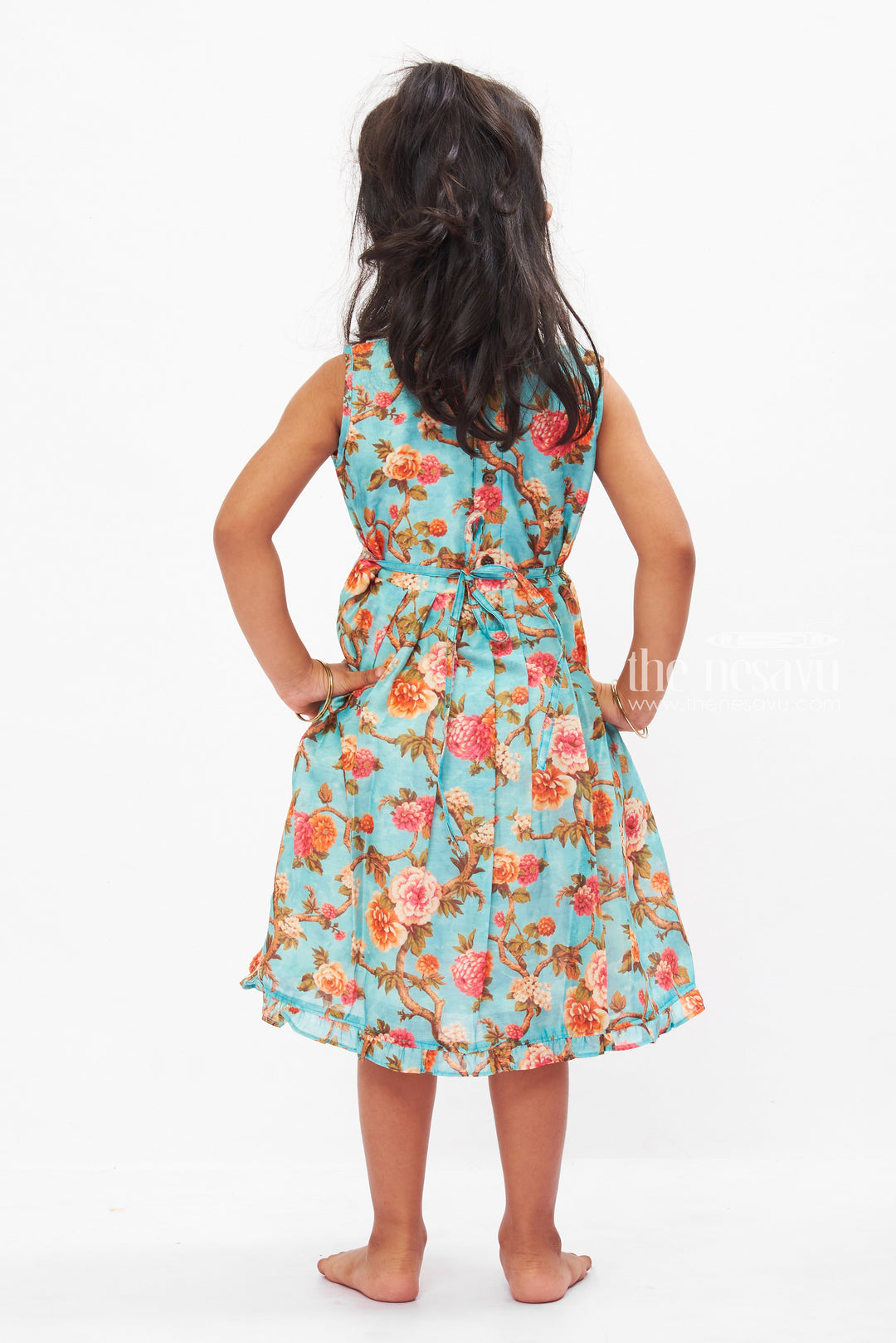 The Nesavu Girls Cotton Frock Enchanted Garden Teal Cotton Frock for Girls Nesavu Teal Floral Cotton Dress for Girls | Perfect Spring-Summer Outfit | The Nesavu