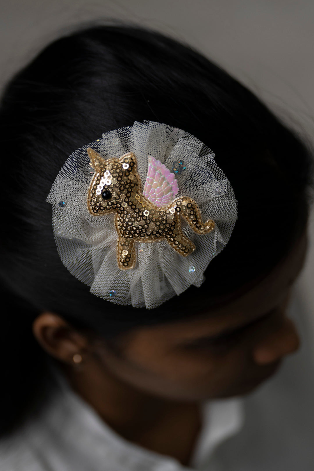 The Nesavu Hair Clip Enchanted Gold Sequin Unicorn Hair Clip with Sparkling Tulle Detail Nesavu Yellow JHCL64C Gold Unicorn Sequin Hair Clip | Magical Tulle-Adorned Hair Accessory | The Neesavu