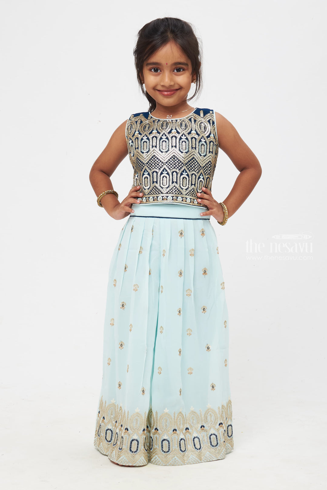 The Nesavu Girls Sharara / Plazo Set Enchanted Mint Elegance: Girls Embellished Crop Top and Palazzo Pant Set Nesavu 16 (1Y) / Green / Georgette GPS218A-16 Girls Mint Embellished Crop Top and Palazzo Pant Set | Designer Kids Festive Wear | Golden Detailing Elegance