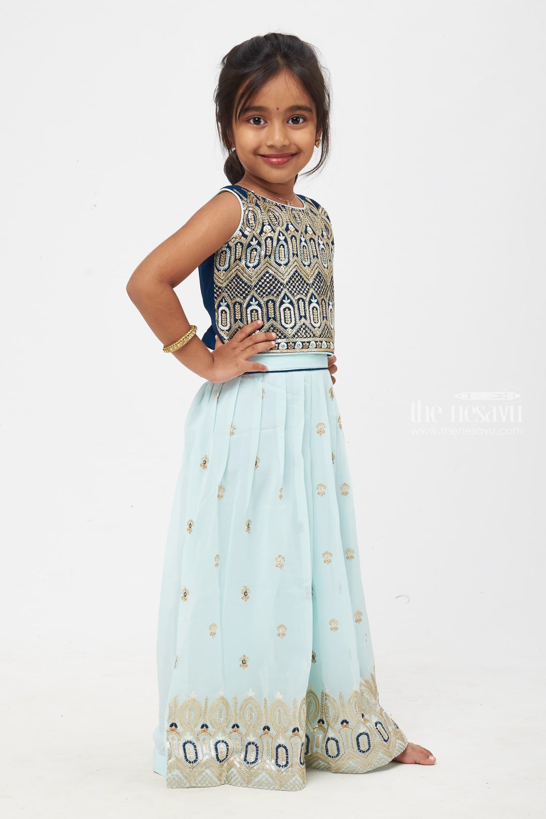 The Nesavu Girls Sharara / Plazo Set Enchanted Mint Elegance: Girls Embellished Crop Top and Palazzo Pant Set Nesavu Girls Mint Embellished Crop Top and Palazzo Pant Set | Designer Kids Festive Wear | Golden Detailing Elegance