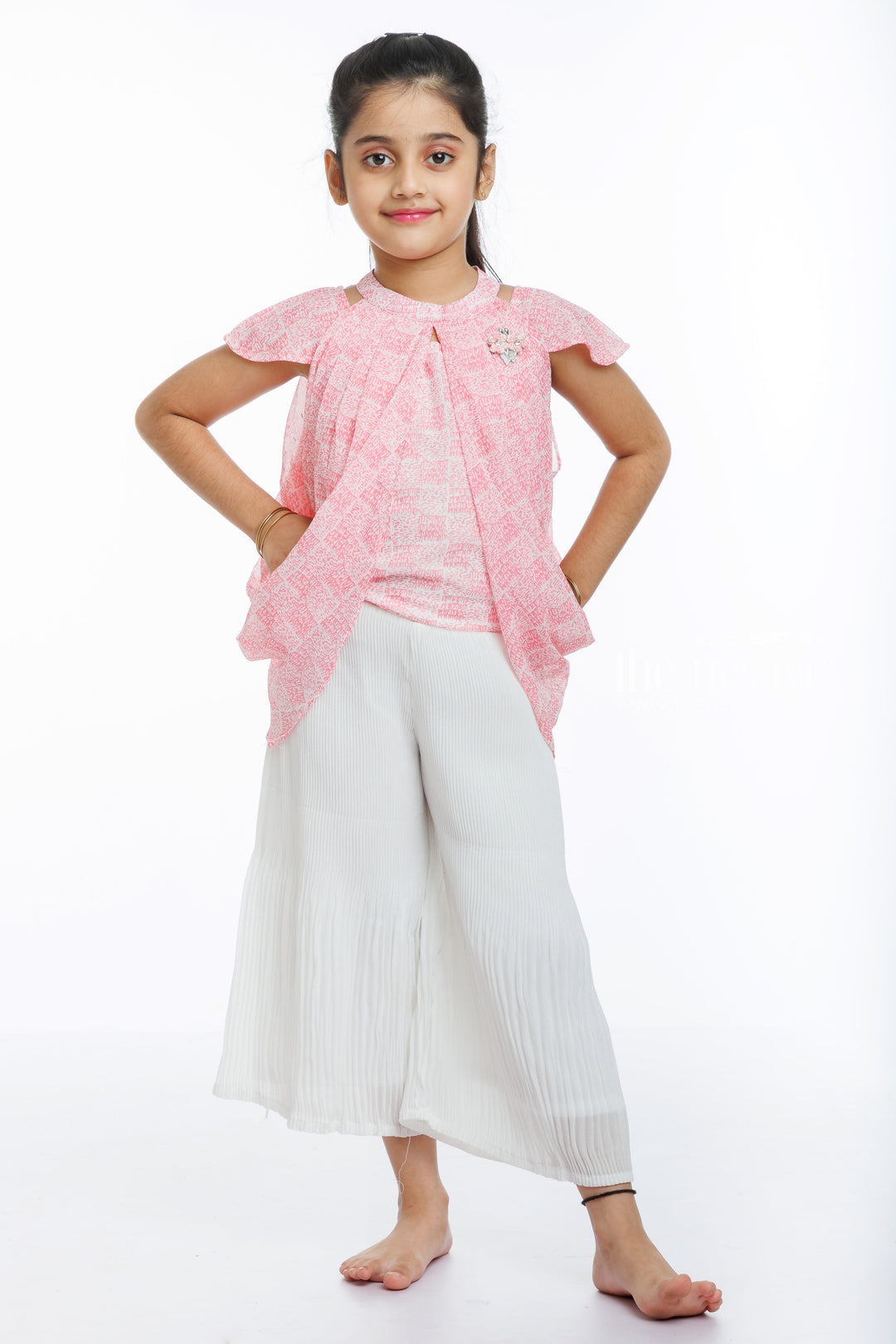 The Nesavu Girls Sharara / Plazo Set Enchanted Pink Flutter Cape & Ivory Palazzo Set for Girls Nesavu 18 (2Y) / Pink / Georgette GPS304A-18 Girls Pink Cape Top  Ivory Palazzo Pants | Festive Childrens Wear | The Nesavu