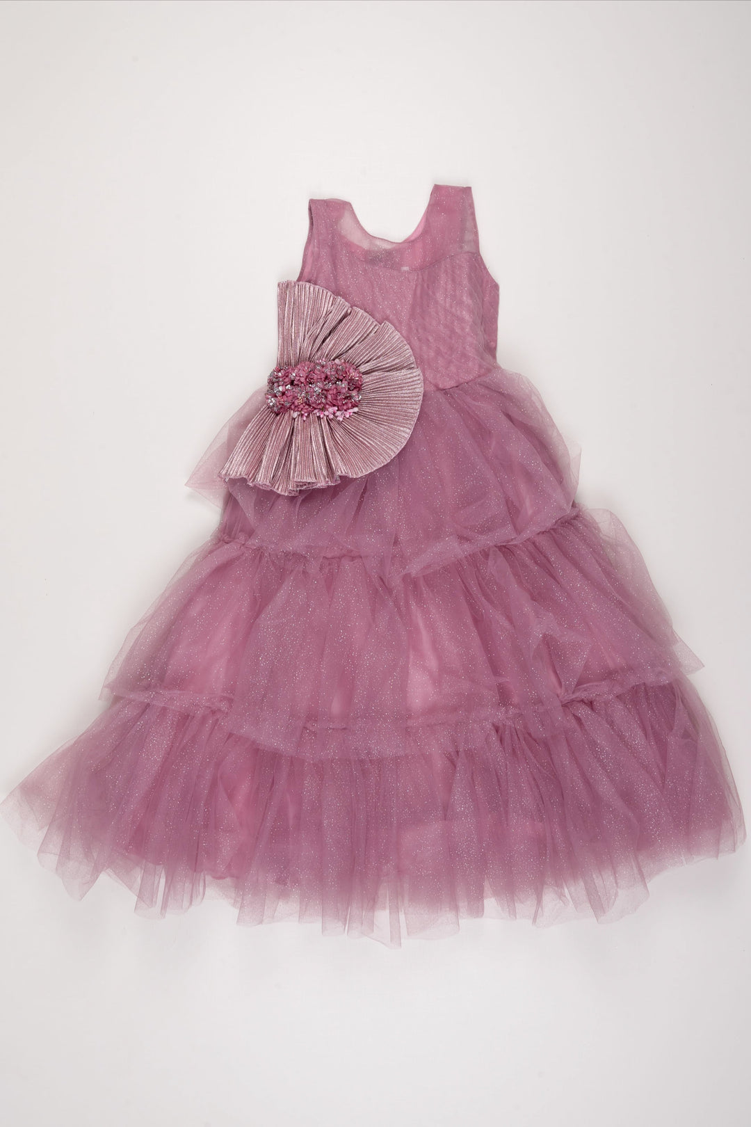 The Nesavu Girls Party Gown Enchanted Pink Tulle Princess Dress with Floral Accents for Girls Nesavu 22 (4Y) / Pink / Plain Net GA190B-22 Girls Pink Tulle Dress | Floral Princess Gown | Special Occasion Elegance | The Nesavu