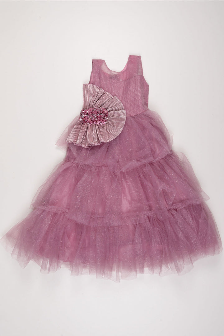 The Nesavu Girls Party Gown Enchanted Pink Tulle Princess Dress with Floral Accents for Girls Nesavu 22 (4Y) / Pink / Plain Net GA190B-22 Girls Pink Tulle Dress | Floral Princess Gown | Special Occasion Elegance | The Nesavu