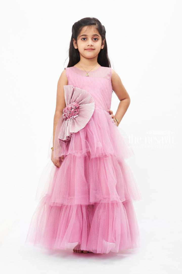 The Nesavu Girls Party Gown Enchanted Pink Tulle Princess Dress with Floral Accents for Girls Nesavu 22 (4Y) / Pink / Plain Net GA190B-22 Girls Pink Tulle Dress | Floral Princess Gown | Special Occasion Elegance | The Nesavu