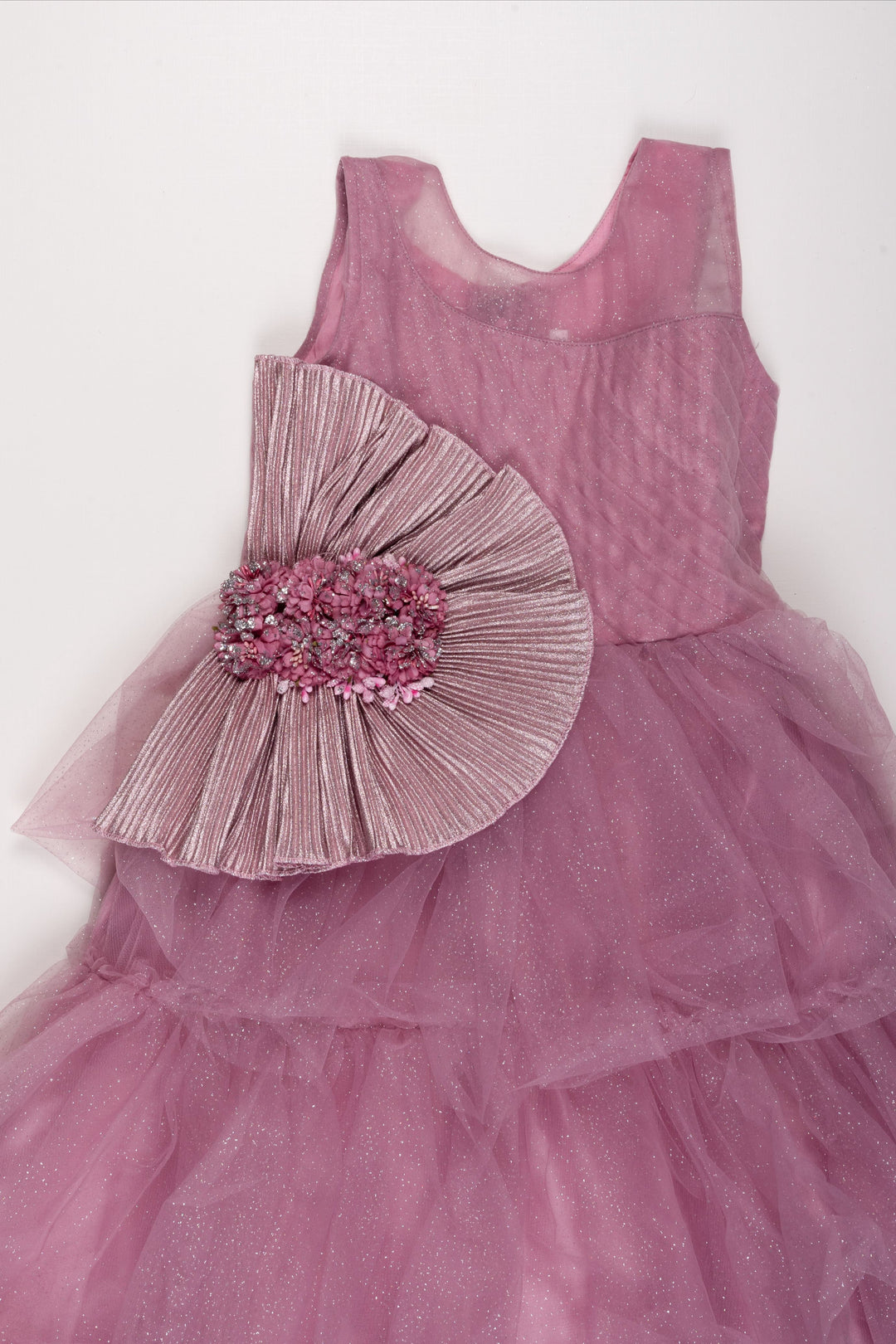The Nesavu Girls Party Gown Enchanted Pink Tulle Princess Dress with Floral Accents for Girls Nesavu Girls Pink Tulle Dress | Floral Princess Gown | Special Occasion Elegance | The Nesavu