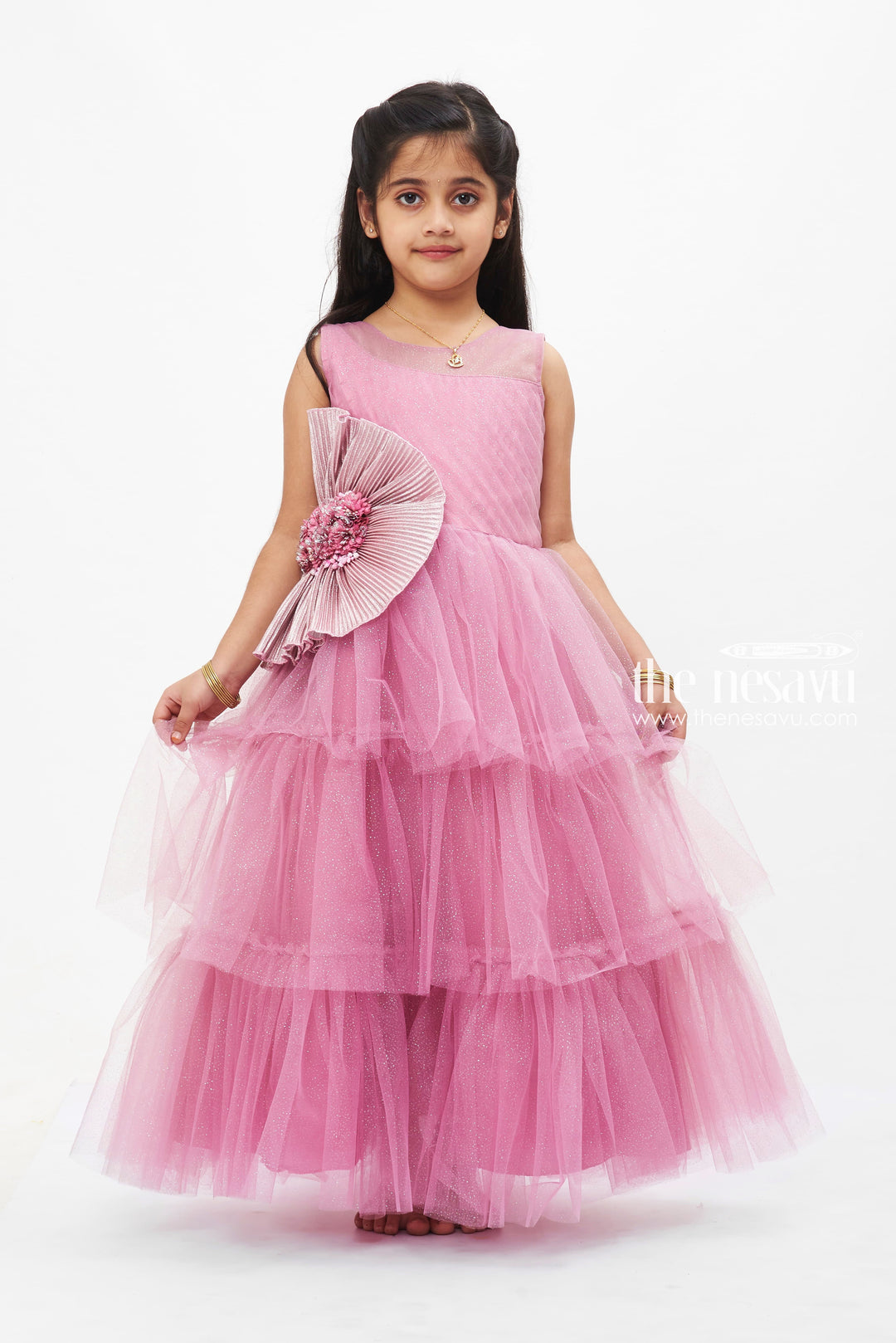 The Nesavu Girls Party Gown Enchanted Pink Tulle Princess Dress with Floral Accents for Girls Nesavu Girls Pink Tulle Dress | Floral Princess Gown | Special Occasion Elegance | The Nesavu