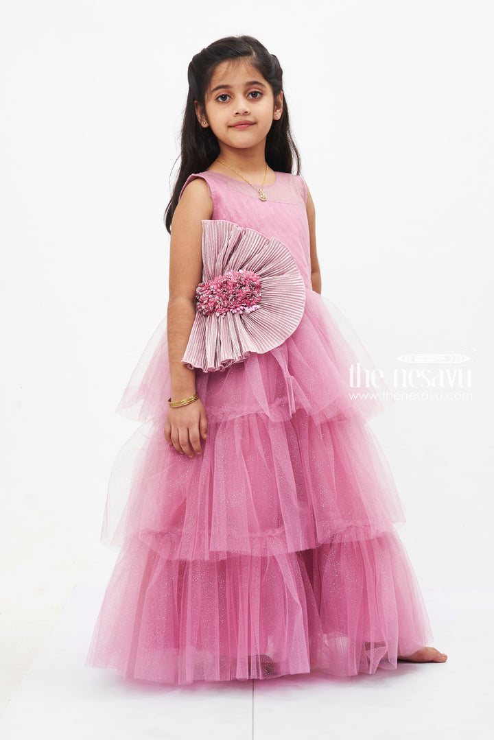 The Nesavu Girls Party Gown Enchanted Pink Tulle Princess Dress with Floral Accents for Girls Nesavu Girls Pink Tulle Dress | Floral Princess Gown | Special Occasion Elegance | The Nesavu