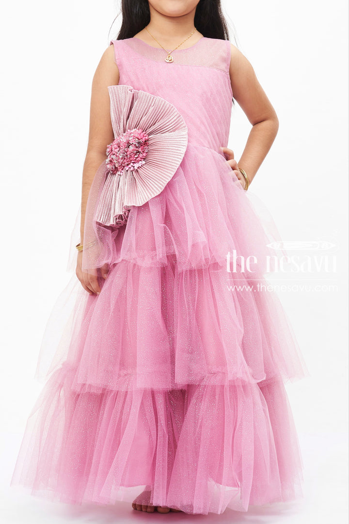 The Nesavu Girls Party Gown Enchanted Pink Tulle Princess Dress with Floral Accents for Girls Nesavu Girls Pink Tulle Dress | Floral Princess Gown | Special Occasion Elegance | The Nesavu