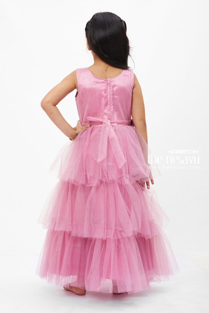 The Nesavu Girls Party Gown Enchanted Pink Tulle Princess Dress with Floral Accents for Girls Nesavu Girls Pink Tulle Dress | Floral Princess Gown | Special Occasion Elegance | The Nesavu