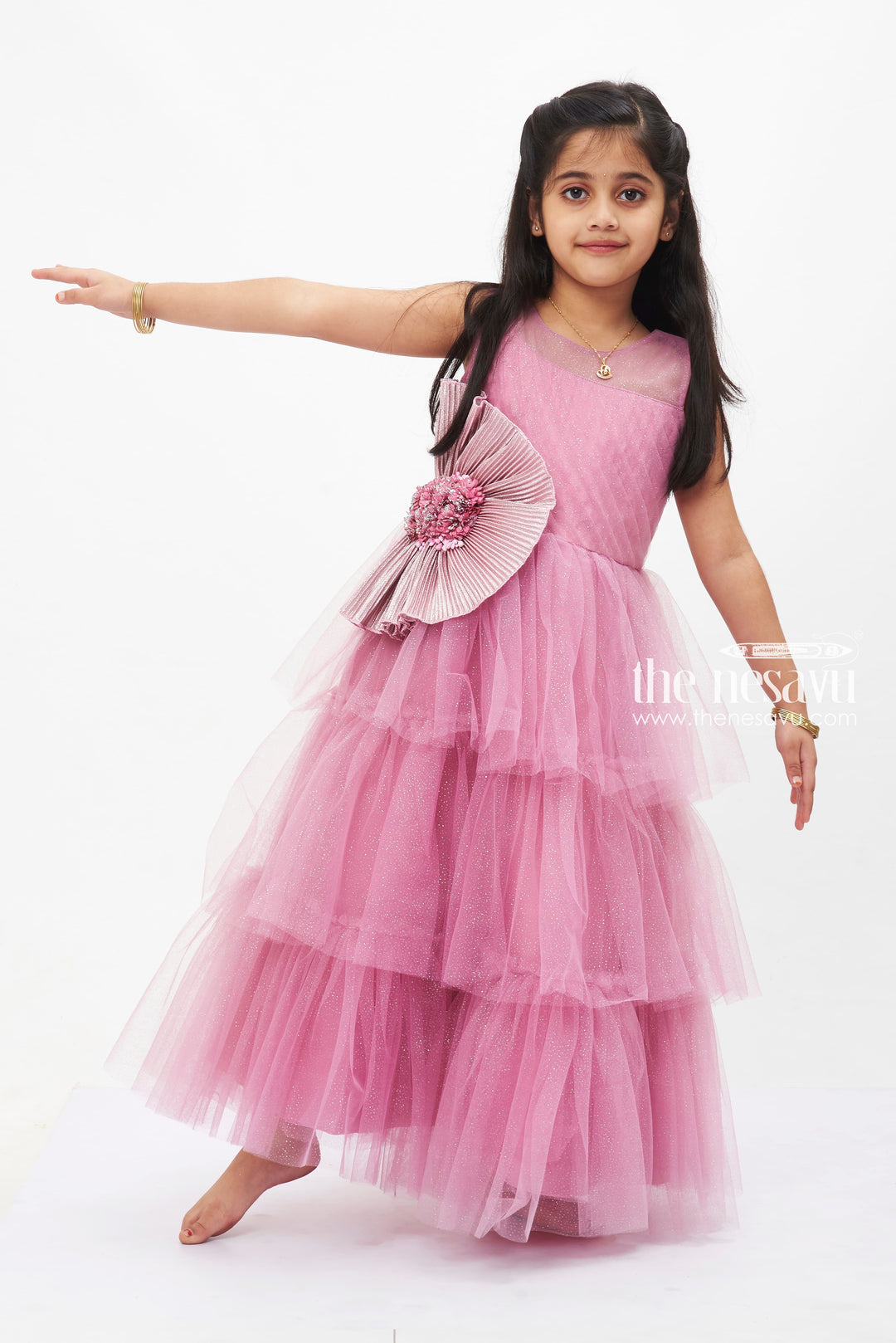 The Nesavu Girls Party Gown Enchanted Pink Tulle Princess Dress with Floral Accents for Girls Nesavu Girls Pink Tulle Dress | Floral Princess Gown | Special Occasion Elegance | The Nesavu