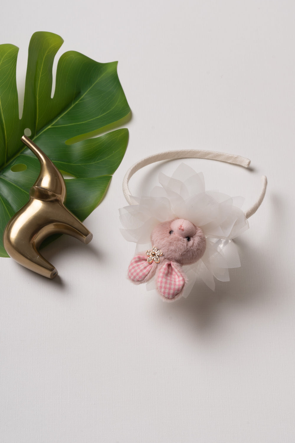 The Nesavu Hair Band Enchanted Plush Bunny Hairbow with White Tulle and Sparkling Accents Nesavu White JHB80C Plush Bunny Hair Accessory with Tulle | Magical Hairbow for Children | The Nesavu