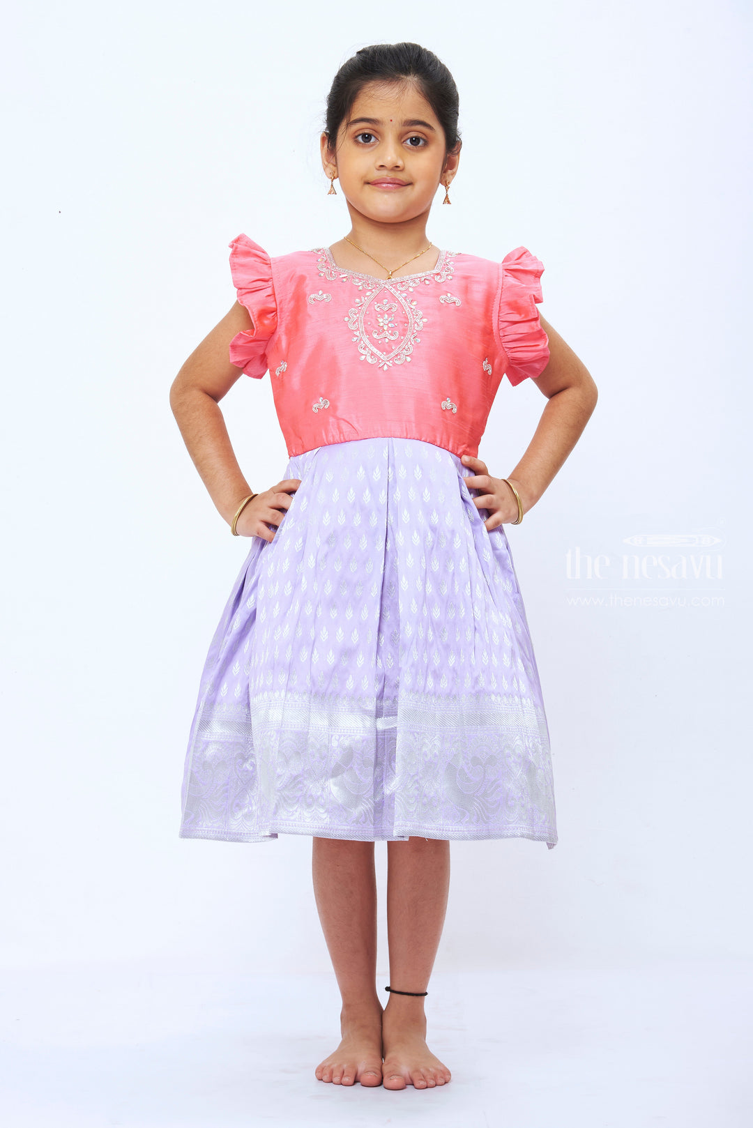 The Nesavu Silk Party Frock Enchanted Silk Elegance - Girls' Pink and Lavender Embroidered Party Frock Nesavu 14 (6M) / Purple / Silk SF682B-14 Enchanting Girls' Embroidered Silk Frock | Pink and Lavender Party Dress | The Nesavu