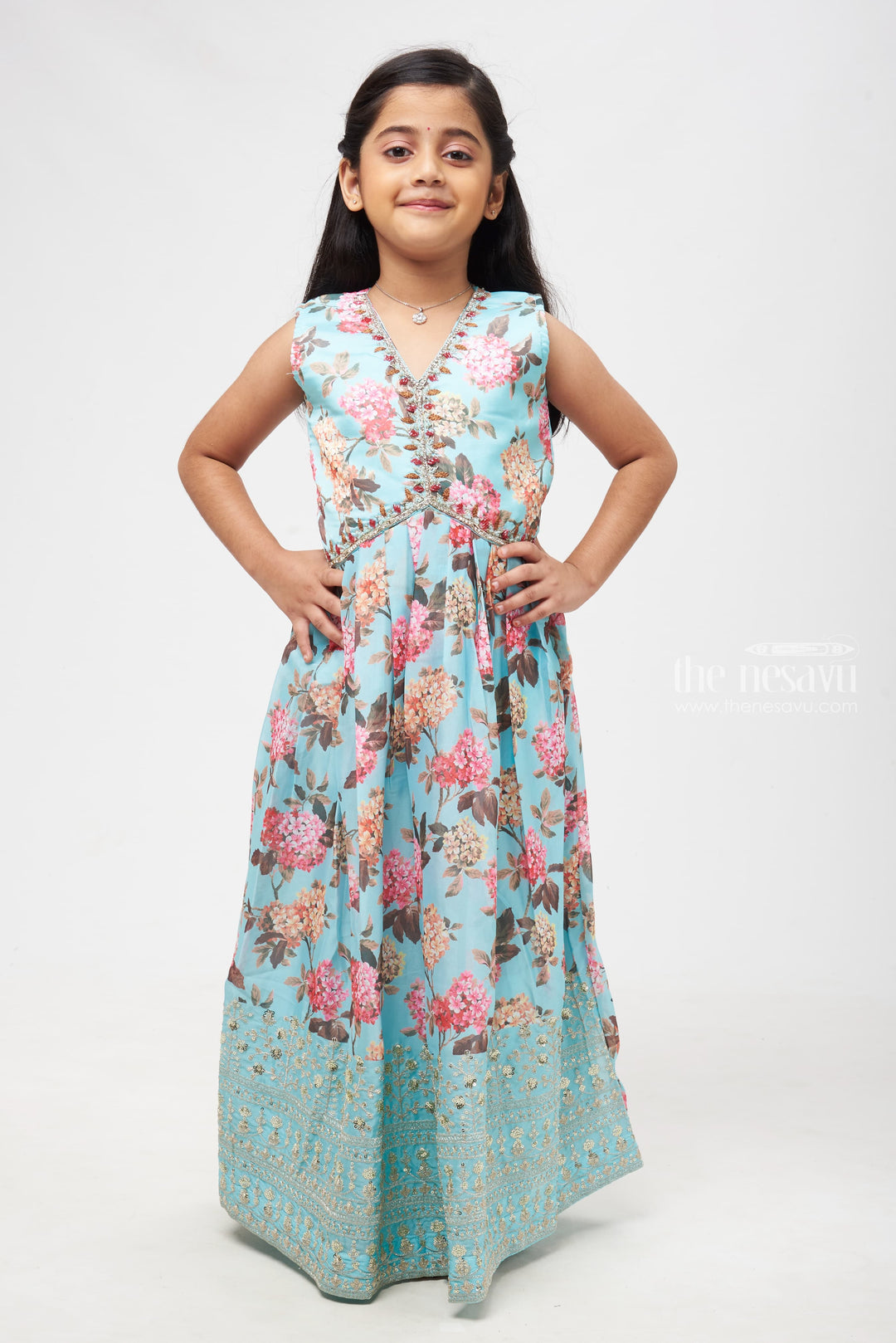 The Nesavu Girls Party Gown Enchanted Turquoise Diwali Gown with Floral Elegance for Girls Nesavu 24 (5Y) / Turquoise / Organza Printed GA175B-24 Girls Enchanted Turquoise Gown | Diwali Elegance Collection | Floral Festive Dress | The Nesavu