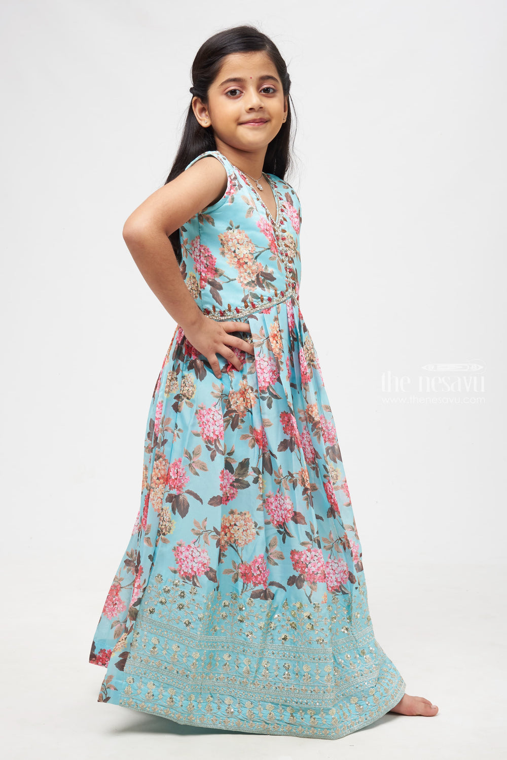 The Nesavu Girls Party Gown Enchanted Turquoise Diwali Gown with Floral Elegance for Girls Nesavu Girls Enchanted Turquoise Gown | Diwali Elegance Collection | Floral Festive Dress | The Nesavu