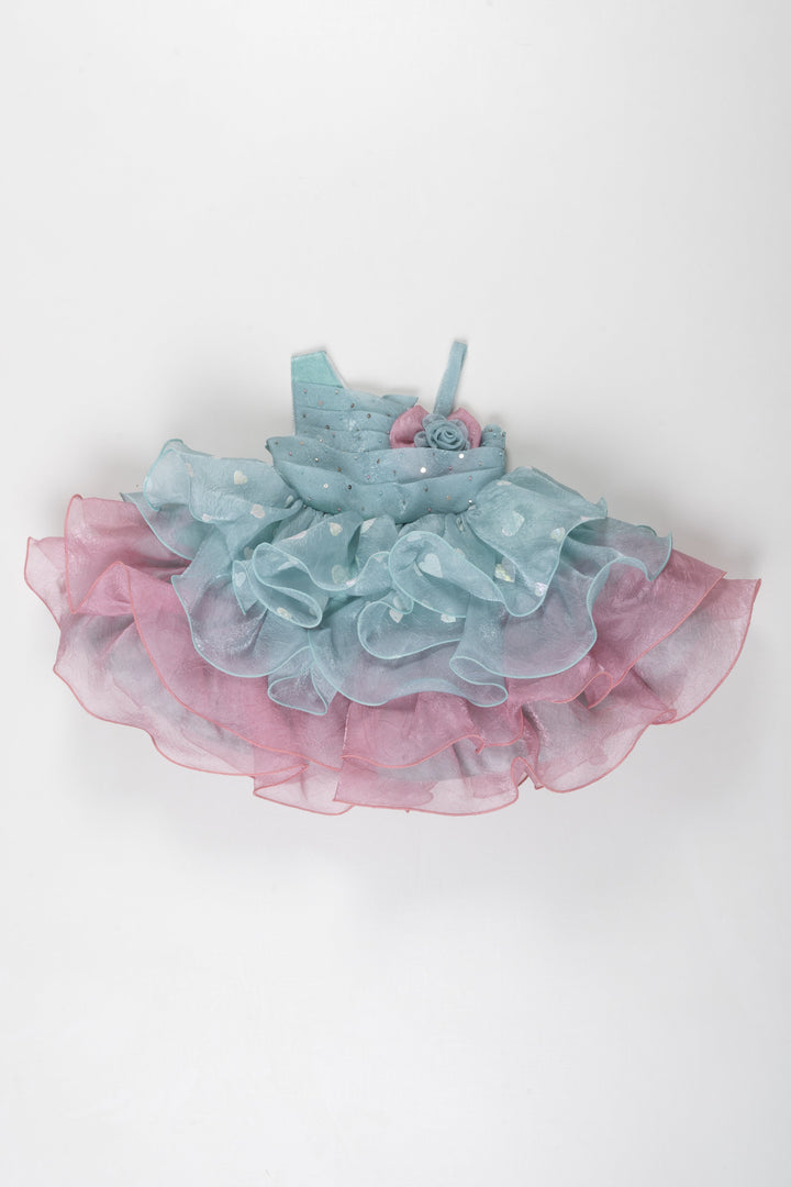 The Nesavu Girls Fancy Frock Enchanted Twilight Ruffle Frock: A Celestial Celebration for Girls Nesavu 16 (1Y) / Blue / Organza PF184B-16 Girls Western Style Teal and Rose Party Dress | Elegant Princess Frock for Celebrations | The Nesavu