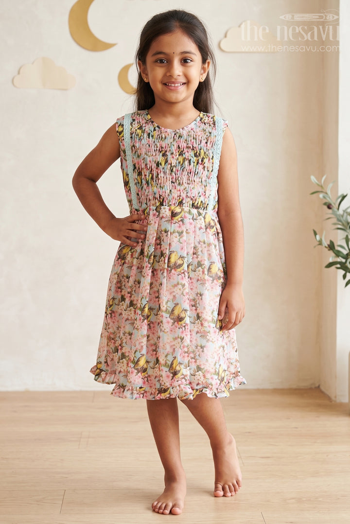 The Nesavu Girls Cotton Frock Enchanting Blossom and Bird Print Cotton Frock for Girls Nesavu 16 (1Y) / Blue / Cotton GFC1233A-16 Girls Floral Cotton Frock | The Nesavu