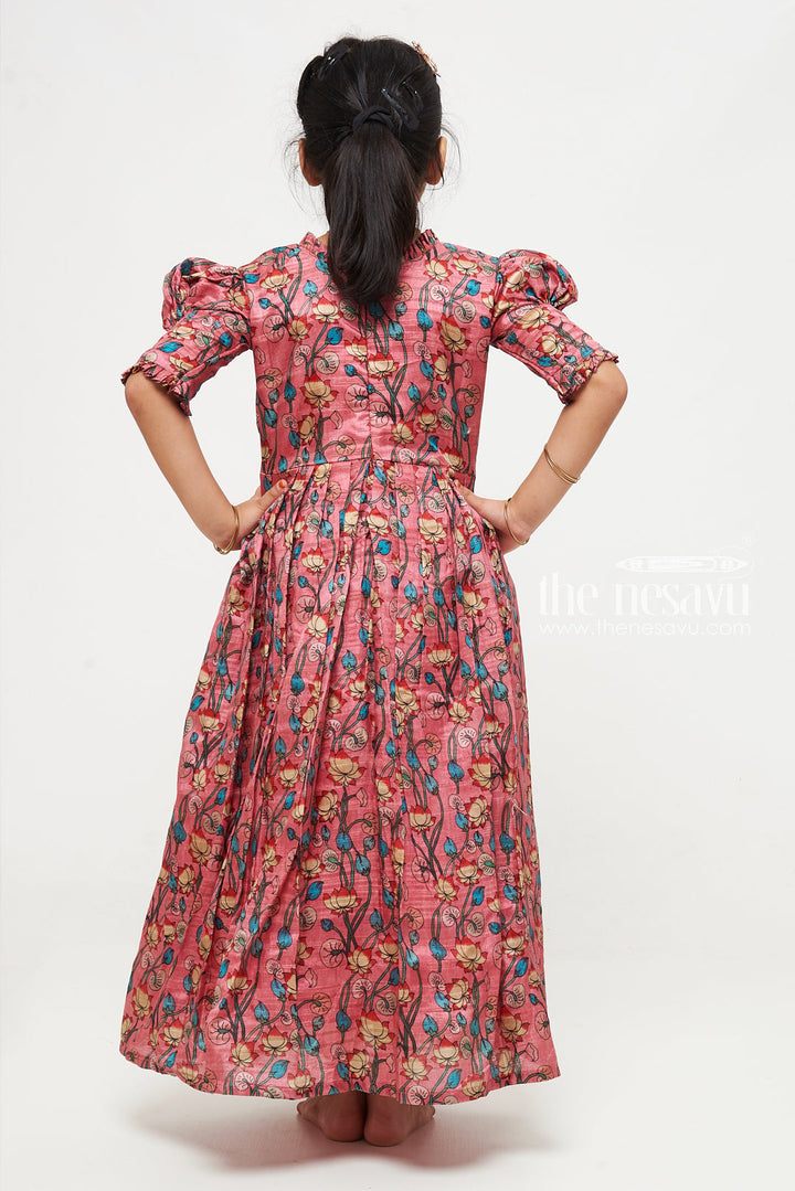The Nesavu Girls Silk Gown Enchanting Coral Floral Embroidered Anarkali Gown for Young Girls Nesavu Shop Coral Floral Embroidered Anarkali Gown for Girls | The Nesavu