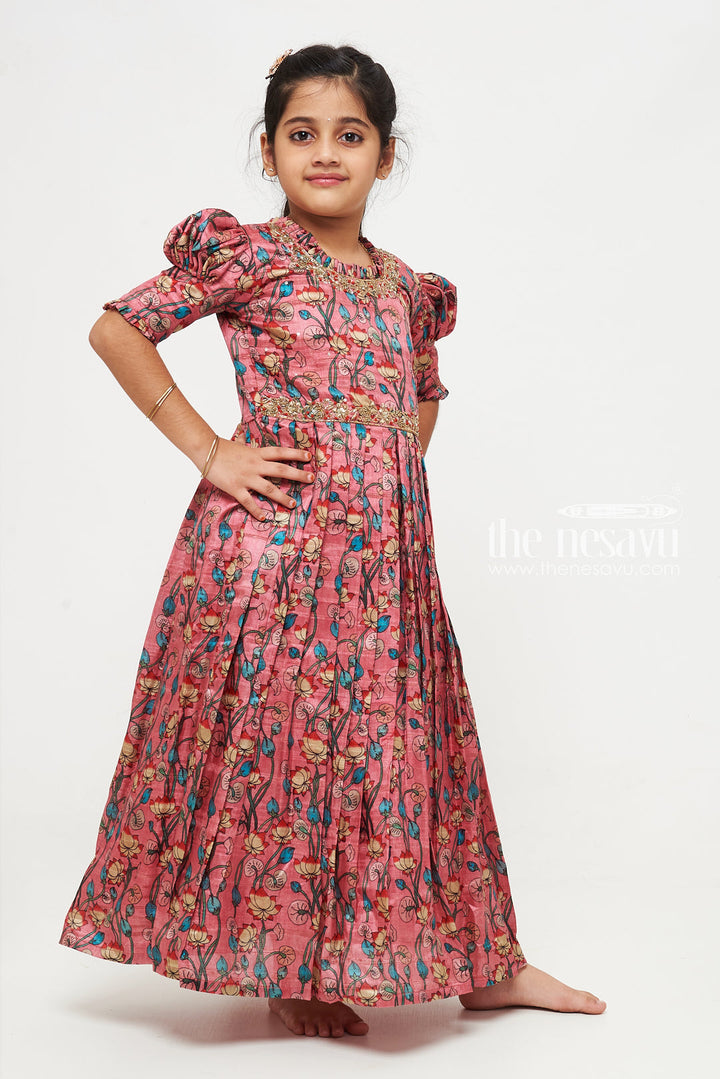 The Nesavu Girls Silk Gown Enchanting Coral Floral Embroidered Anarkali Gown for Young Girls Nesavu Shop Coral Floral Embroidered Anarkali Gown for Girls | The Nesavu