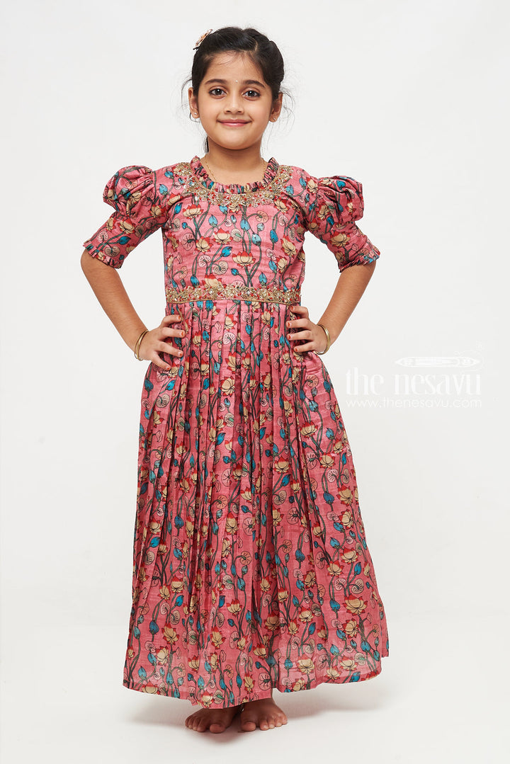 The Nesavu Girls Silk Gown Enchanting Coral Floral Embroidered Anarkali Gown for Young Girls Nesavu Shop Coral Floral Embroidered Anarkali Gown for Girls | The Nesavu