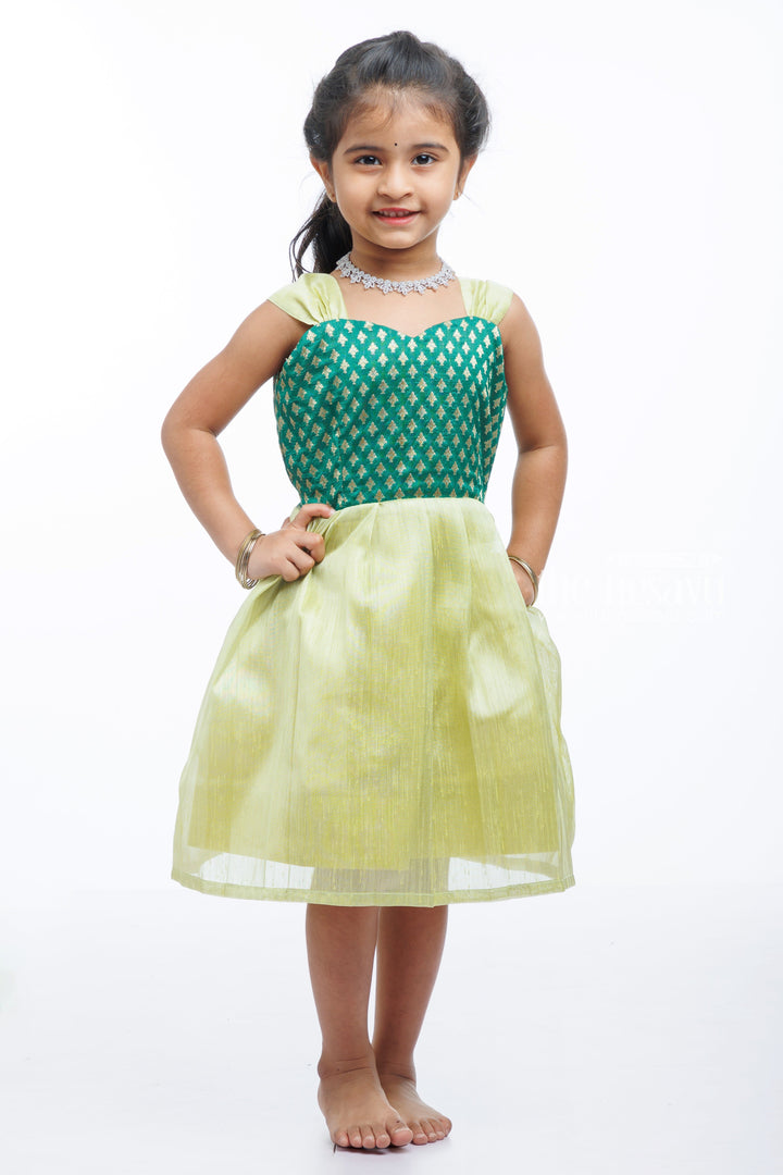 The Nesavu Silk Frock Enchanting Emerald and Lemon Silk Blend Frock for Little Princesses Nesavu 14 (6M) / Green / Blend Silk SF762A-14 Buy Girls Emerald Silk Party Frock | Festive and Playful Silk Dresses for Kids | The Nesavu