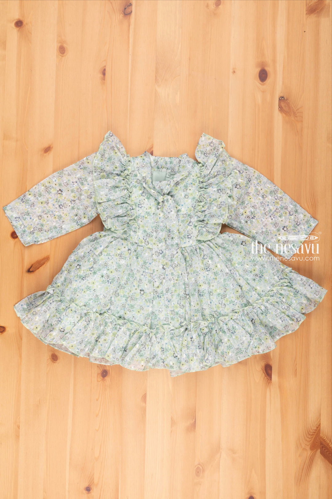The Nesavu Girls Fancy Frock Enchanting Green Blossoms Crepe Flared N Pleated Frock with Tie Neck for Girls Nesavu 14 (6M) / Green / Chiffon GFC1144B-14 Blossoming Beauty: Green Frock for Girls in Delicate Crepe | # Year Girls Frock | the Nesavu