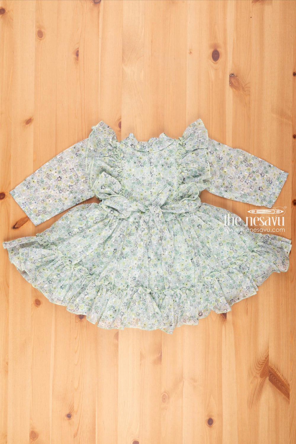 The Nesavu Girls Fancy Frock Enchanting Green Blossoms Crepe Flared N Pleated Frock with Tie Neck for Girls Nesavu Blossoming Beauty: Green Frock for Girls in Delicate Crepe | # Year Girls Frock | the Nesavu