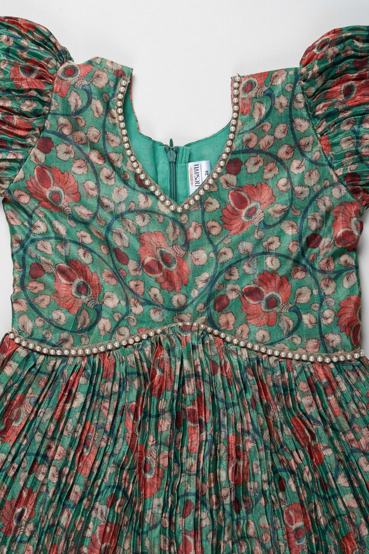 The Nesavu Girls Silk Gown Enchanting Green Floral Anarkali Frock for Girls Nesavu Enchanting Green Floral Anarkali Frock for Girls with Puffed Sleeves