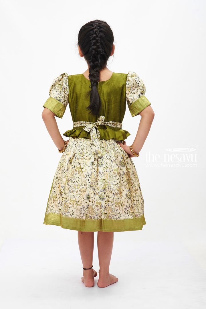 The Nesavu Silk Embroidered Frock Enchanting Green Zari-Embroidered with Floral Print Silk Frock for Girls Nesavu Girls Green Floral Printed Silk Frock | Zari Embroidery | Traditional Attire | The Nesavu