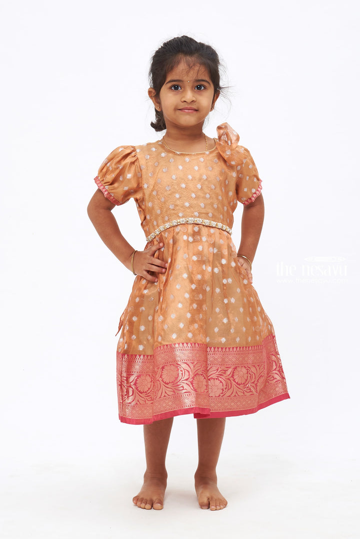 The Nesavu Silk Frock Enchanting Radiance: Orange Silk Frock with Hip Stone Embellishment - Traditional Kids' Festive Outfit Nesavu 14 (6M) / Orange / Silk SF725C-14 Enchanting Radiance Orange Silk Frock | Traditional Kids' Festive Attire | The Nesavu