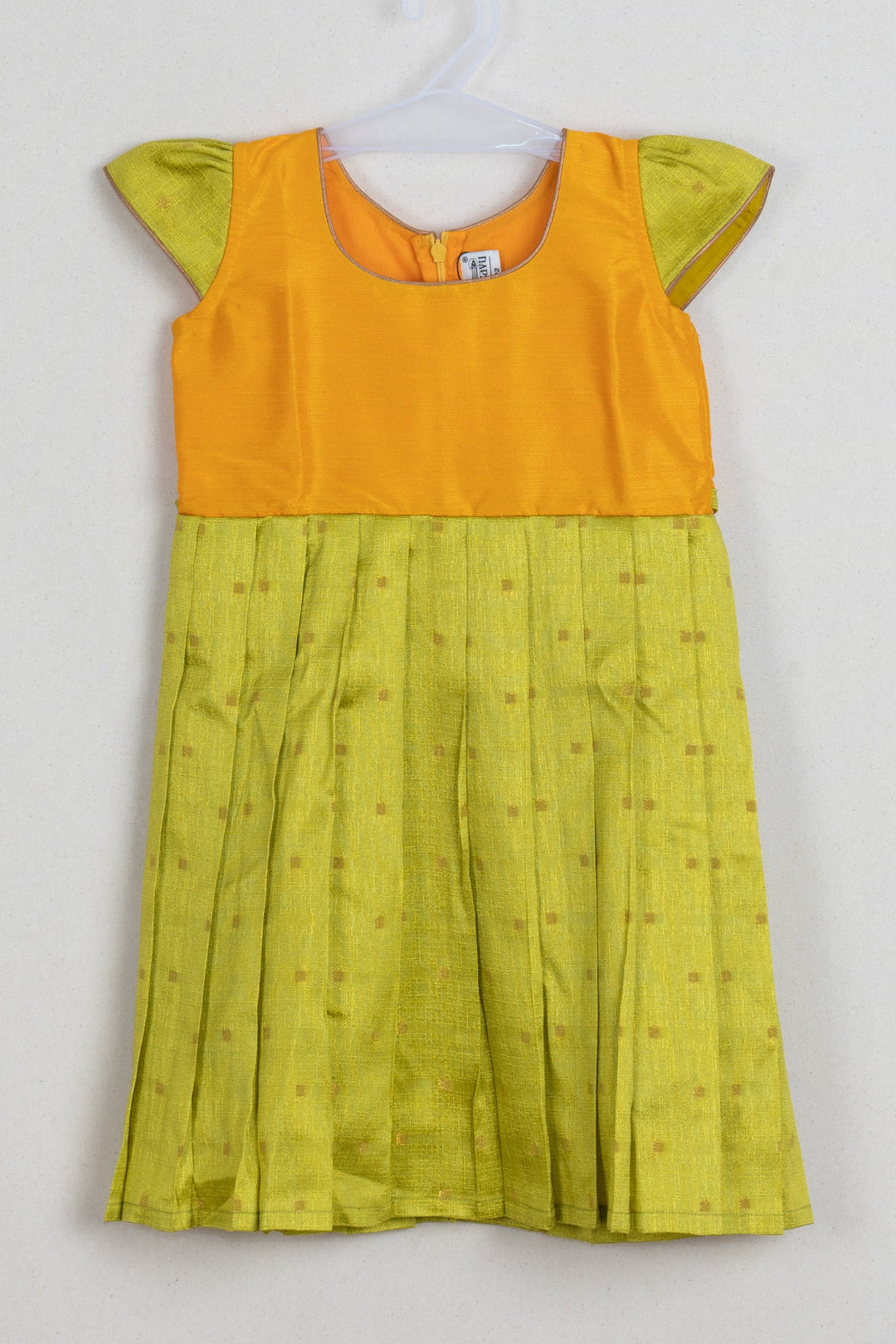 The Nesavu Silk Frock Enchanting Resham Weave Green Silk Attire for Girls with Vibrant Yellow Yoke and Elegant Pleats Nesavu 16 (1Y) / Yellow SF591-16 Green Silk Frock For Girls | Traditional Indian wear | The Nesavu