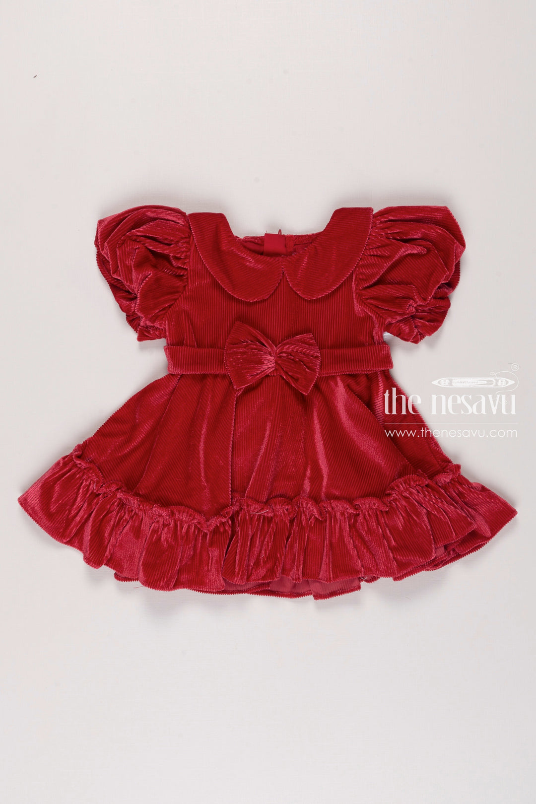 The Nesavu Girls Fancy Frock Enchanting Ruby Red Velvet Party Frock for Girls Chic & Festive Nesavu 14 (6M) / Red / Velvet GFC1101E-14 Girls Red Velvet Dress | Festive Party Frock | Elegant Kids Birthday Outfit | The Nesavu