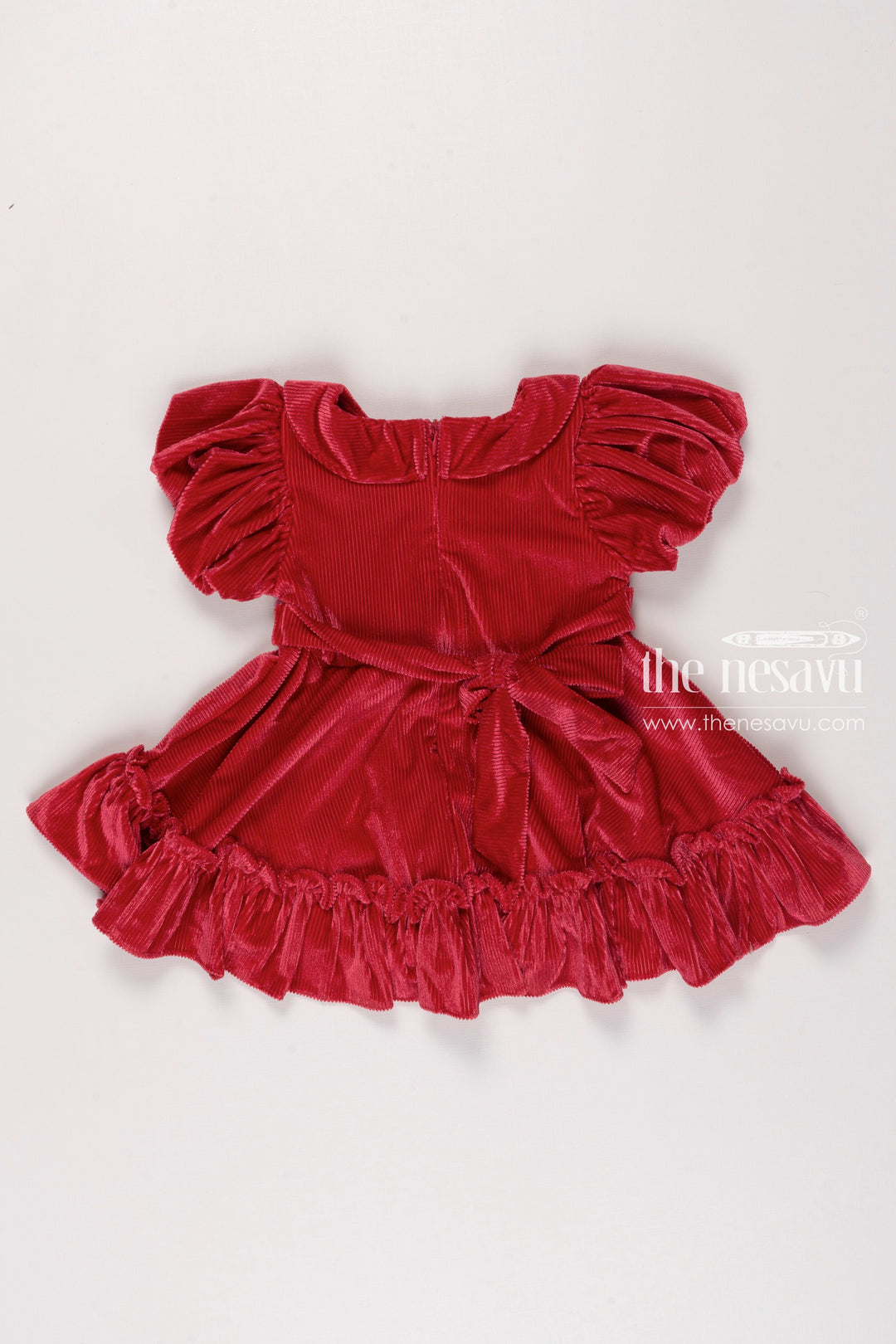 The Nesavu Girls Fancy Frock Enchanting Ruby Red Velvet Party Frock for Girls Chic & Festive Nesavu Girls Red Velvet Dress | Festive Party Frock | Elegant Kids Birthday Outfit | The Nesavu