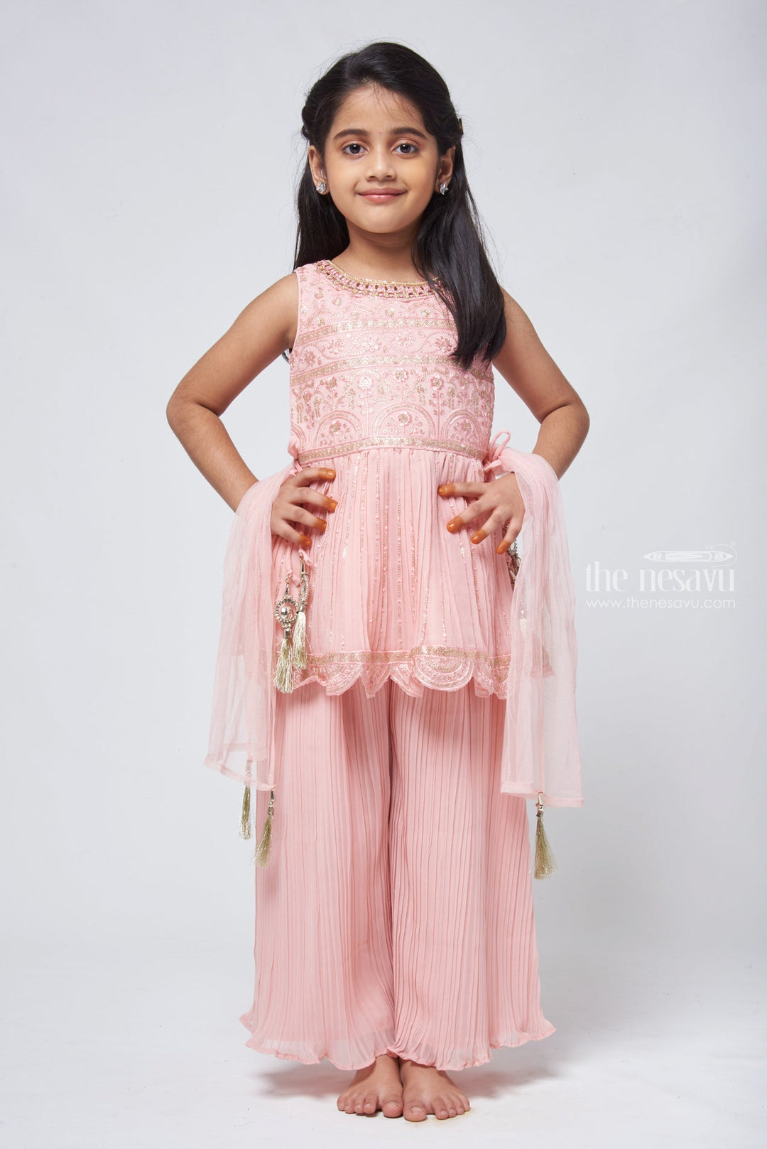 The Nesavu Sets & Suits Enchanting Sequins Embroidered Salmon Peplum Kurti with Palazzo: Festive Wear Delight. Nesavu 16 (1Y) / Salmon GPS157A-16 Latest Designer Dresses for Girls | Kurti and Palazzo suit for Girls | The Nesavu