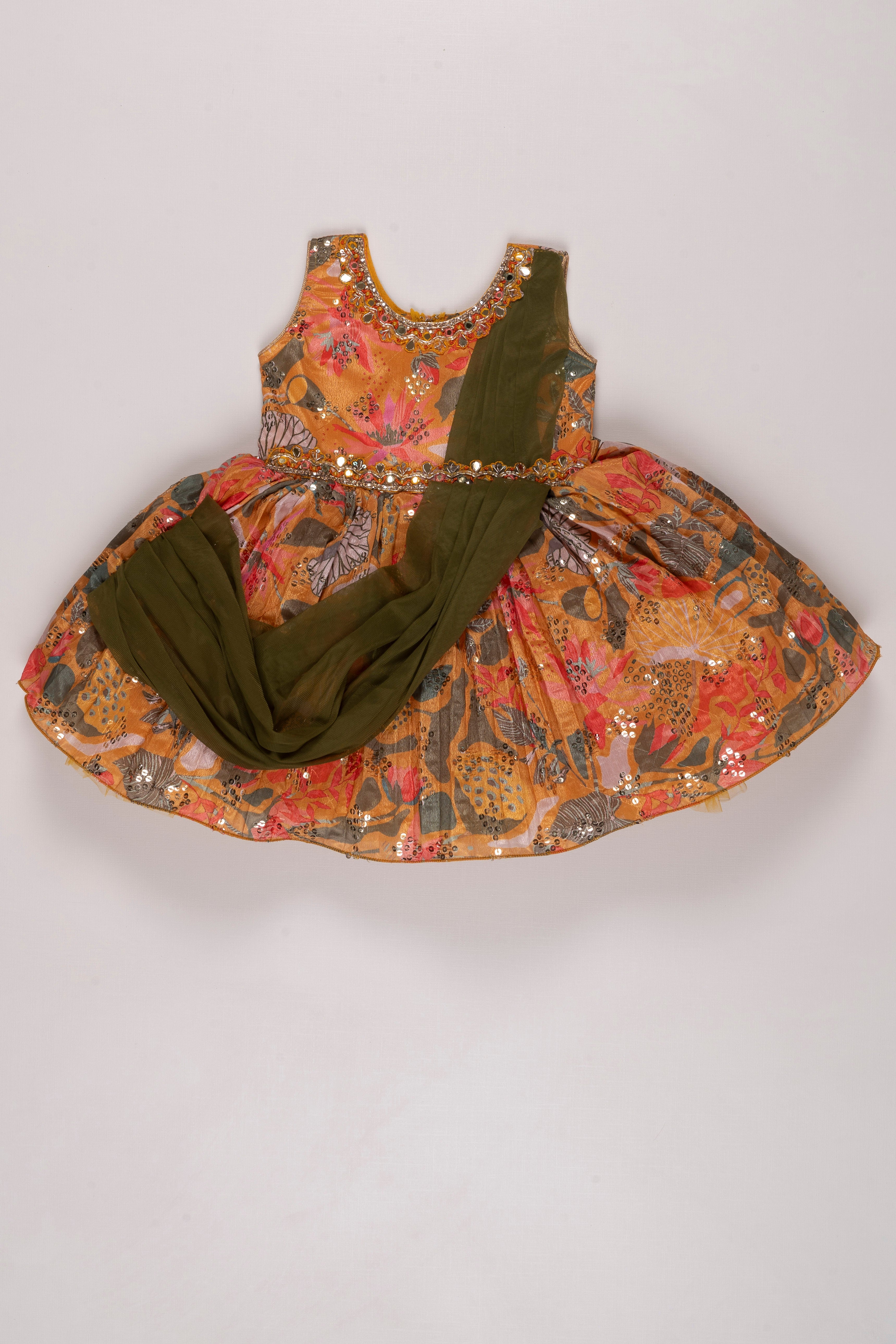 Luxury Silk Floral Print Frock with Waist Drape Elegant Party Dress for Girls The Nesavu The Nesavu