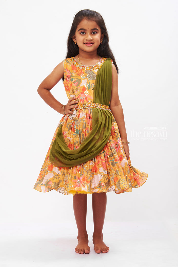 The Nesavu Silk Party Frock Enchanting Silk Floral Party Frock for Girls with Elegant Draping Nesavu 18 (2Y) / Yellow SF747B-18 Luxury Silk Floral Print Frock with Waist Drape | Elegant Party Dress for Girls | The Nesavu