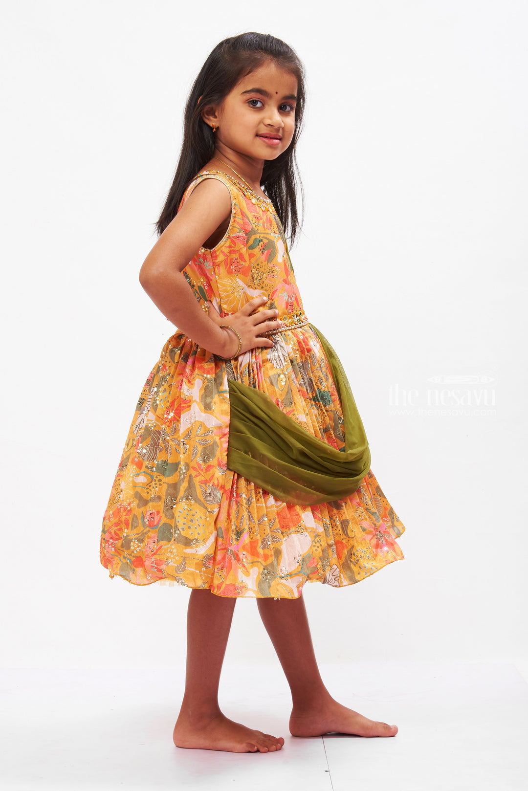 The Nesavu Silk Party Frock Enchanting Silk Floral Party Frock for Girls with Elegant Draping Nesavu Luxury Silk Floral Print Frock with Waist Drape | Elegant Party Dress for Girls | The Nesavu