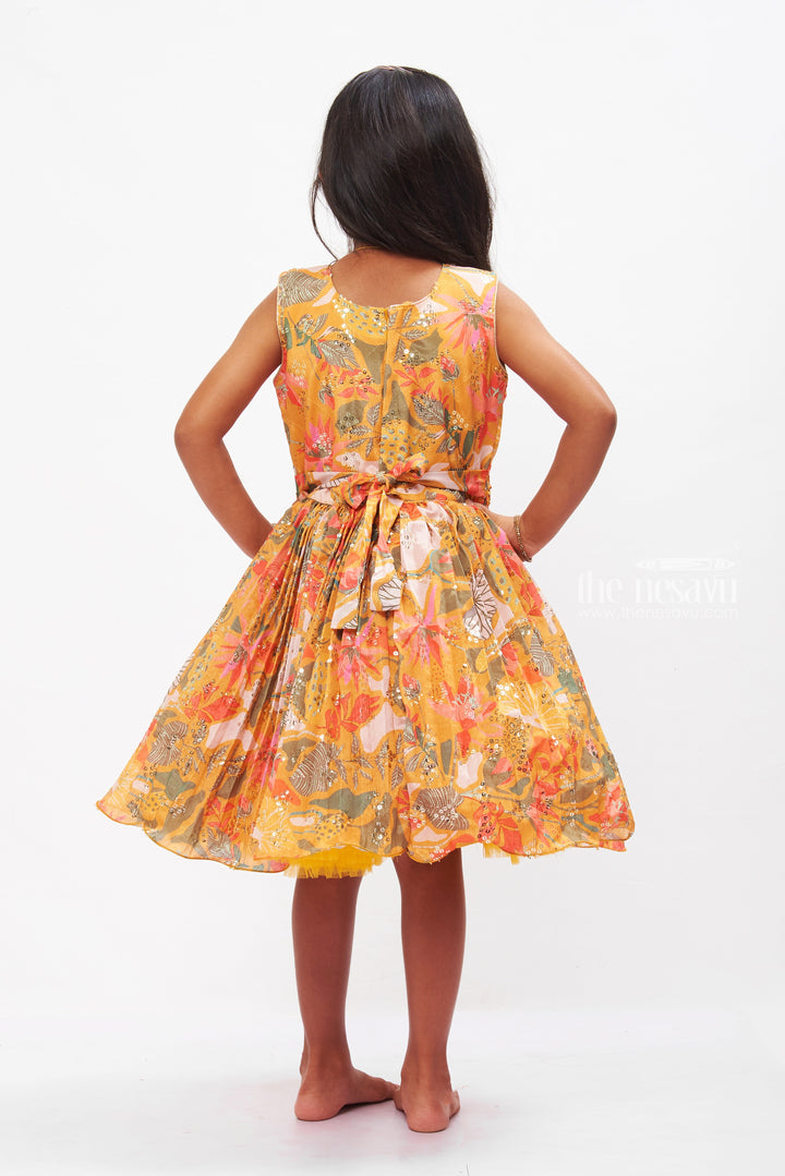 The Nesavu Silk Party Frock Enchanting Silk Floral Party Frock for Girls with Elegant Draping Nesavu Luxury Silk Floral Print Frock with Waist Drape | Elegant Party Dress for Girls | The Nesavu