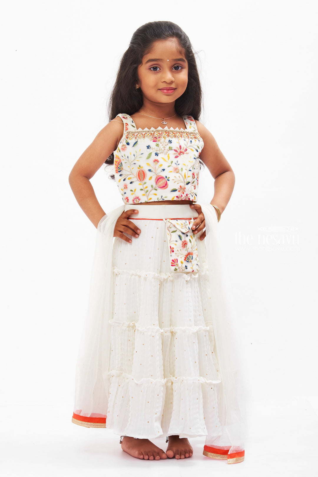 The Nesavu Girls Lehenga Choli Enchanting White Tiered Lehenga & Floral Embroidered Choli Set for Girls Nesavu 16 (1Y) / White GL420A-16 Girls Embroidered Choli and White Tiered Lehenga Set | Festive Wear for Kids | The Nesavu