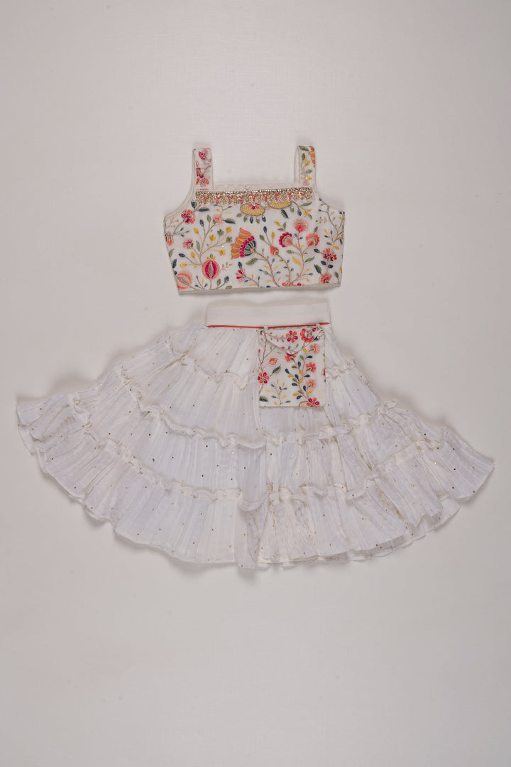 The Nesavu Girls Lehenga Choli Enchanting White Tiered Lehenga & Floral Embroidered Choli Set for Girls Nesavu 16 (1Y) / White GL420A-16 Girls Embroidered Choli and White Tiered Lehenga Set | Festive Wear for Kids | The Nesavu