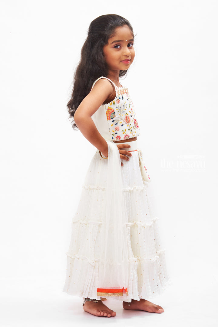 The Nesavu Girls Lehenga Choli Enchanting White Tiered Lehenga & Floral Embroidered Choli Set for Girls Nesavu Girls Embroidered Choli and White Tiered Lehenga Set | Festive Wear for Kids | The Nesavu