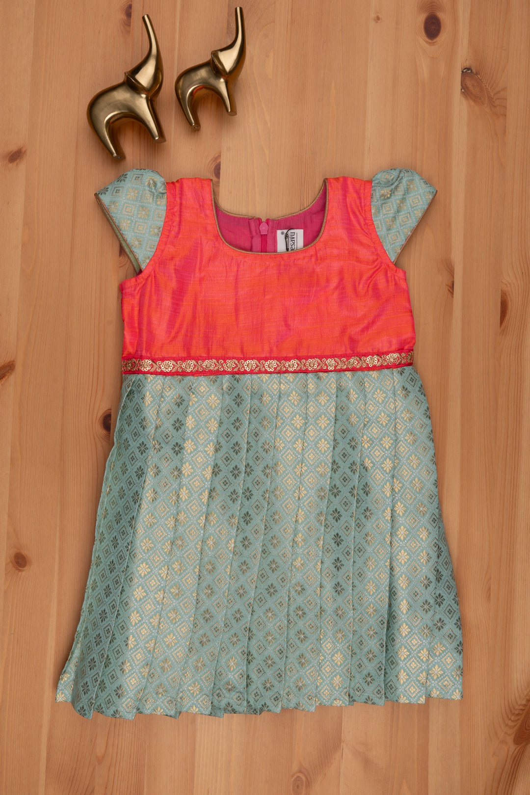 The Nesavu Silk Frock Enchanting Zari with Floral Designer Pattu Frock in Green with Pink Yoke Nesavu 16 (1Y) / Green SF608C-16 Floral Designer Silk Frock for Girls | Green Silk Frock | The Nesavu