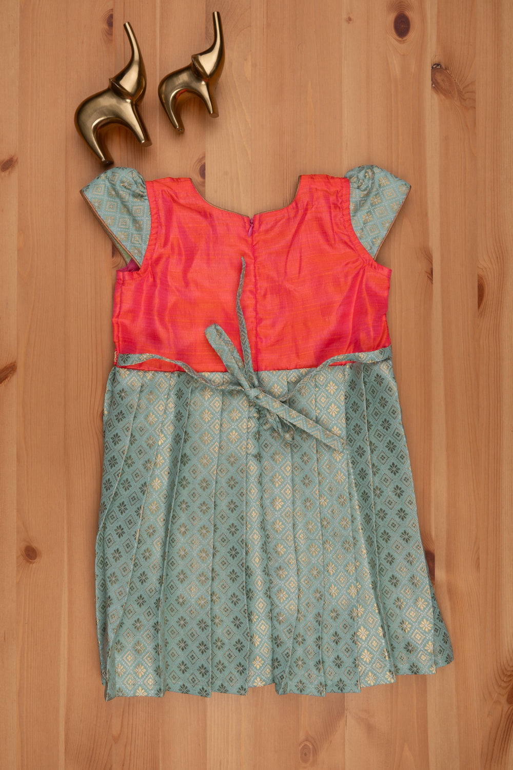 The Nesavu Silk Frock Enchanting Zari with Floral Designer Pattu Frock in Green with Pink Yoke Nesavu Floral Designer Silk Frock for Girls | Green Silk Frock | The Nesavu