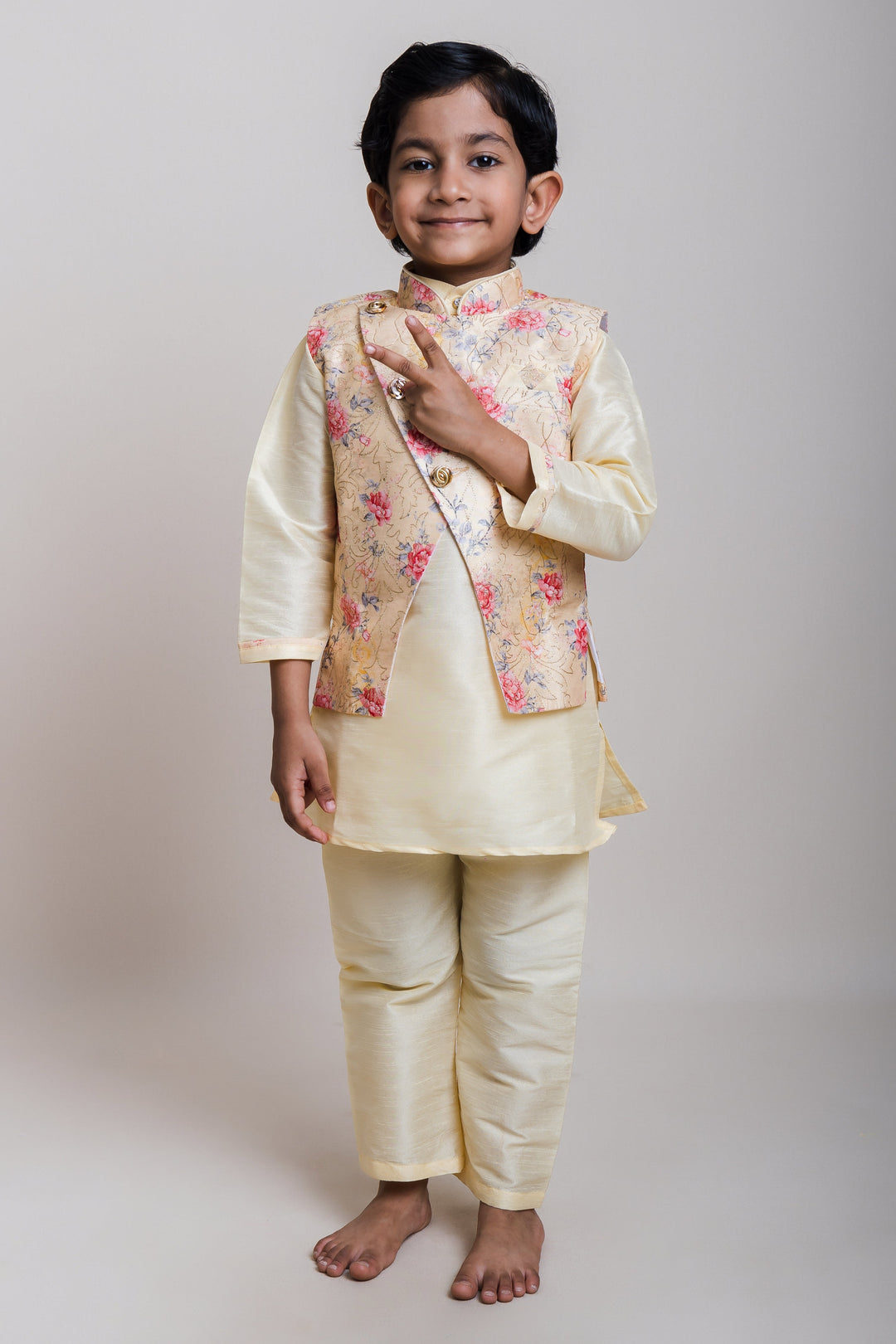 The Nesavu Boys Jacket Sets Energetic Three Piece Yellow Kurta With Floral Designer Overcoat For Boys psr silks Nesavu 16 (1Y) / Yellow / Silk Blend BES254A