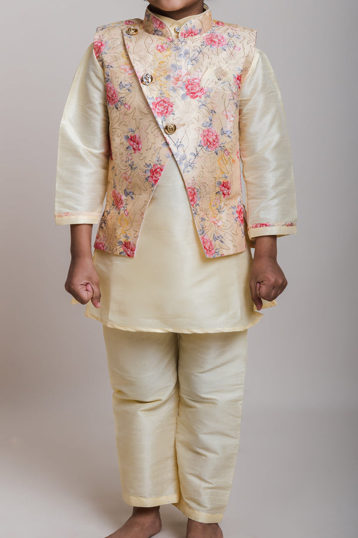 The Nesavu Boys Jacket Sets Energetic Three Piece Yellow Kurta With Floral Designer Overcoat For Boys psr silks Nesavu