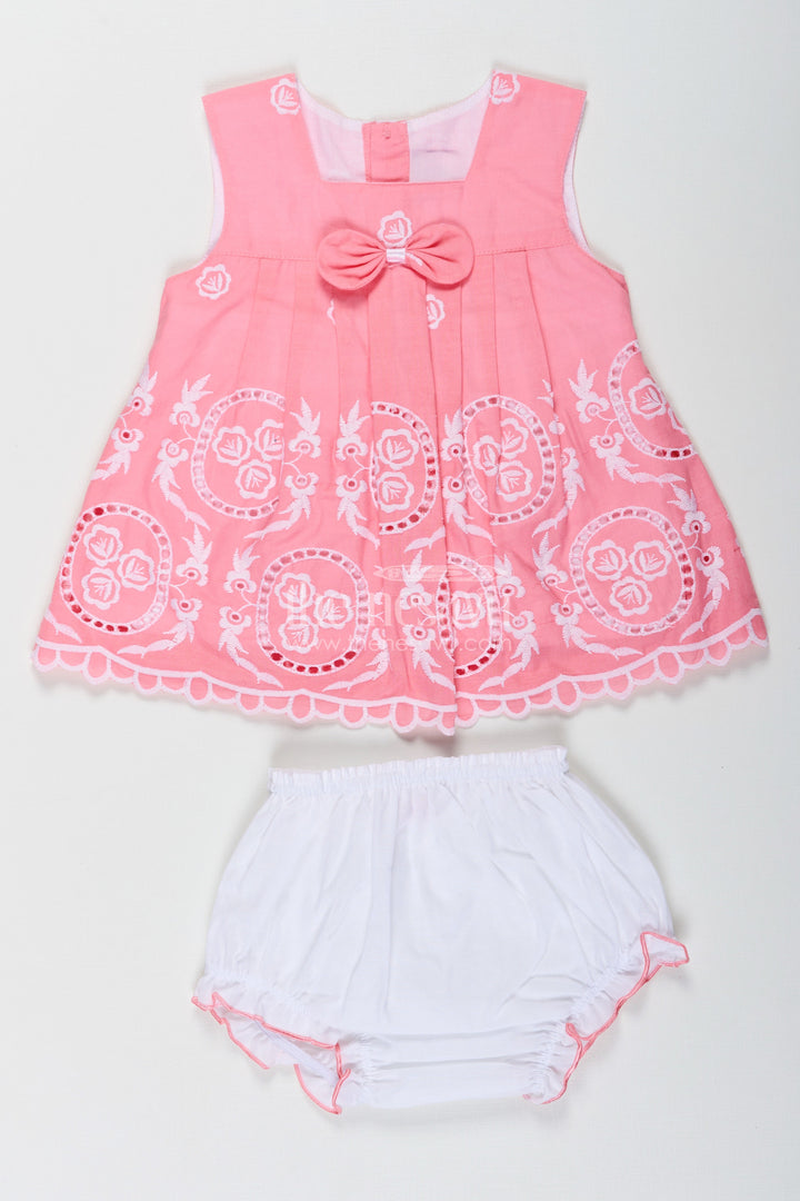 The Nesavu Baby Cotton Frocks Engagement Frock for Baby Girls in Peach Pink Hakoba Cotton with White Embroidery and Bloomers Nesavu 10 (NB) / Pink BFJ790A-10 Nesavu Engagement Frock Baby Girls Peach Pink Cotton Hakoba Embroidery