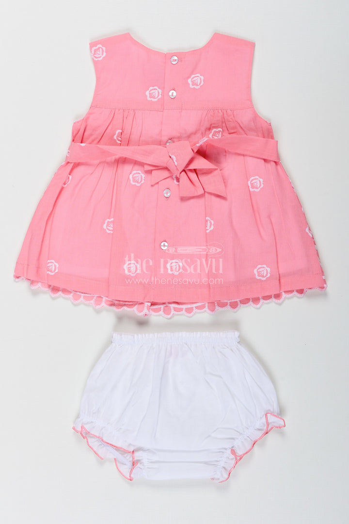 The Nesavu Baby Cotton Frocks Engagement Frock for Baby Girls in Peach Pink Hakoba Cotton with White Embroidery and Bloomers Nesavu Nesavu Engagement Frock Baby Girls Peach Pink Cotton Hakoba Embroidery
