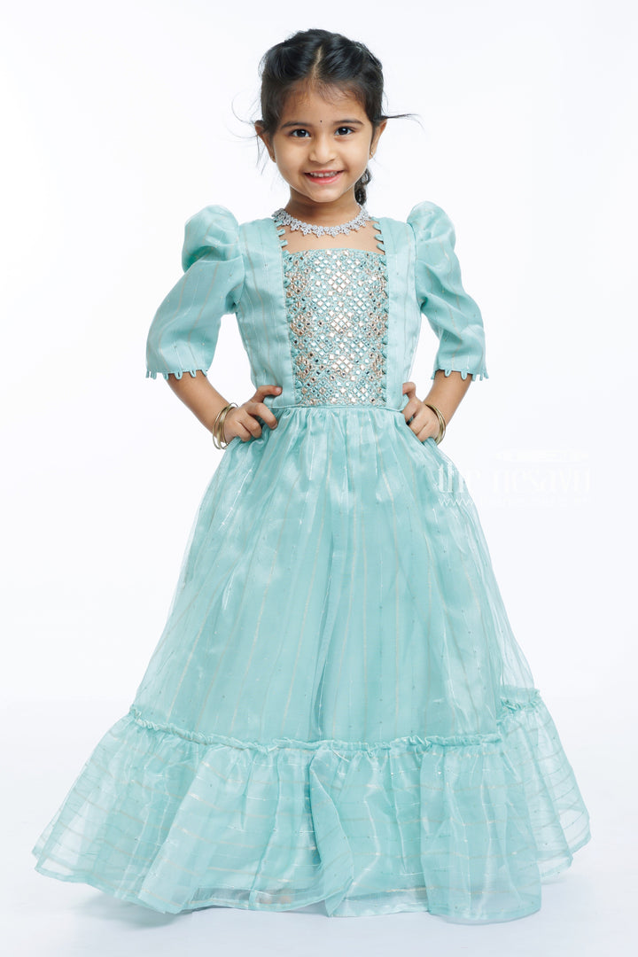 The Nesavu Girls Party Gown Ethereal Aqua Anarkali Dress with Embellished Bodice - Girls Occasion Wear Nesavu 18 (2Y) / Blue / Organza GA206A-18 Buy Girls Aqua Anarkali Party Dress | Sequin Bodice Occasion Gow | The Nesavu