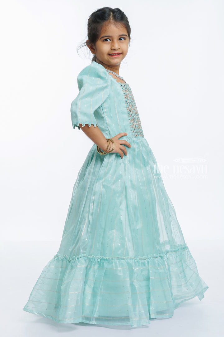 The Nesavu Girls Party Gown Ethereal Aqua Anarkali Dress with Embellished Bodice - Girls Occasion Wear Nesavu Buy Girls Aqua Anarkali Party Dress | Sequin Bodice Occasion Gow | The Nesavu