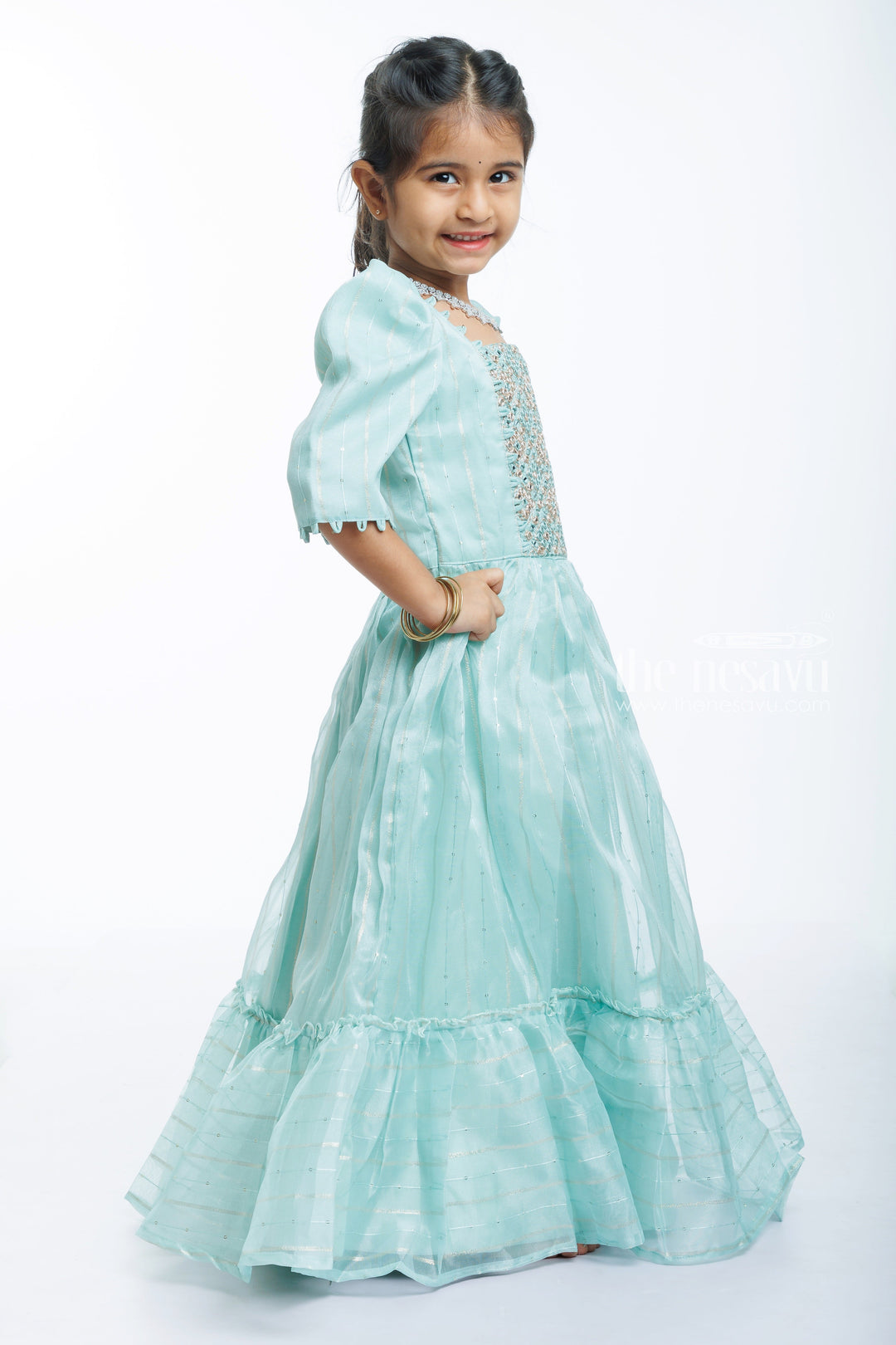 The Nesavu Girls Party Gown Ethereal Aqua Anarkali Dress with Embellished Bodice - Girls Occasion Wear Nesavu Buy Girls Aqua Anarkali Party Dress | Sequin Bodice Occasion Gow | The Nesavu